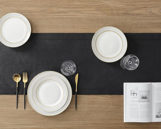 ZeeMart Linen Textured Border Table Runner, 14 x 60 Inch Black, Farmhouse Style Black Table Runners 60 Inches Long, Easy Care Everyday Polyester Table Runner