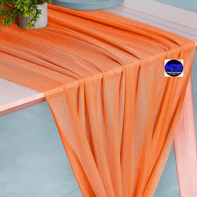 MDS 2 Pack 10ft Chiffon Table Runner 29 x 120 Inches Sheer Wedding Runner Romantic Rustic Table Runner for Wedding Decorations, Birthday Parties, Bridal Shower Party Arch Decor - Orange