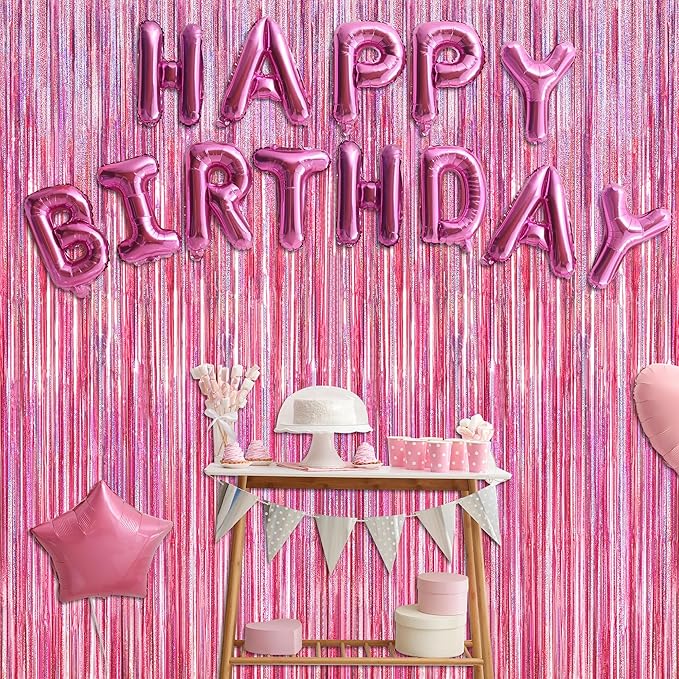 8 Pack Pink Backdrop, 3.28 FT x 7.05 FT Fringe Curtains, Metallic Glitter Pink Fringe Party Streamer Foil Curtains Tinsel Backdrop, Pink Decorations Bachelorette Party Supplies Birthday Decor
