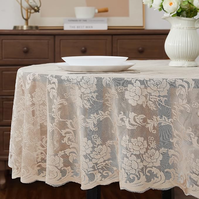 LinenZone Linen Round Tablecloth for Rustic Vintage Decor. Sheer Lace Works Great As Wedding, Thanksgiving or Christmas Tablecloth (Mia 48 Round, Linen)