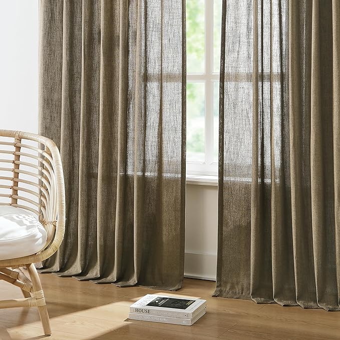 Vision Home Brown Pinch Pleated Semi Sheer Curtains Textured Linen Blended Light Filtering Window Curtains 108 inch for Living Room Bedroom Pinch Pleat Drapes with Hooks 2 Panels 9ft 40" Wx108 L