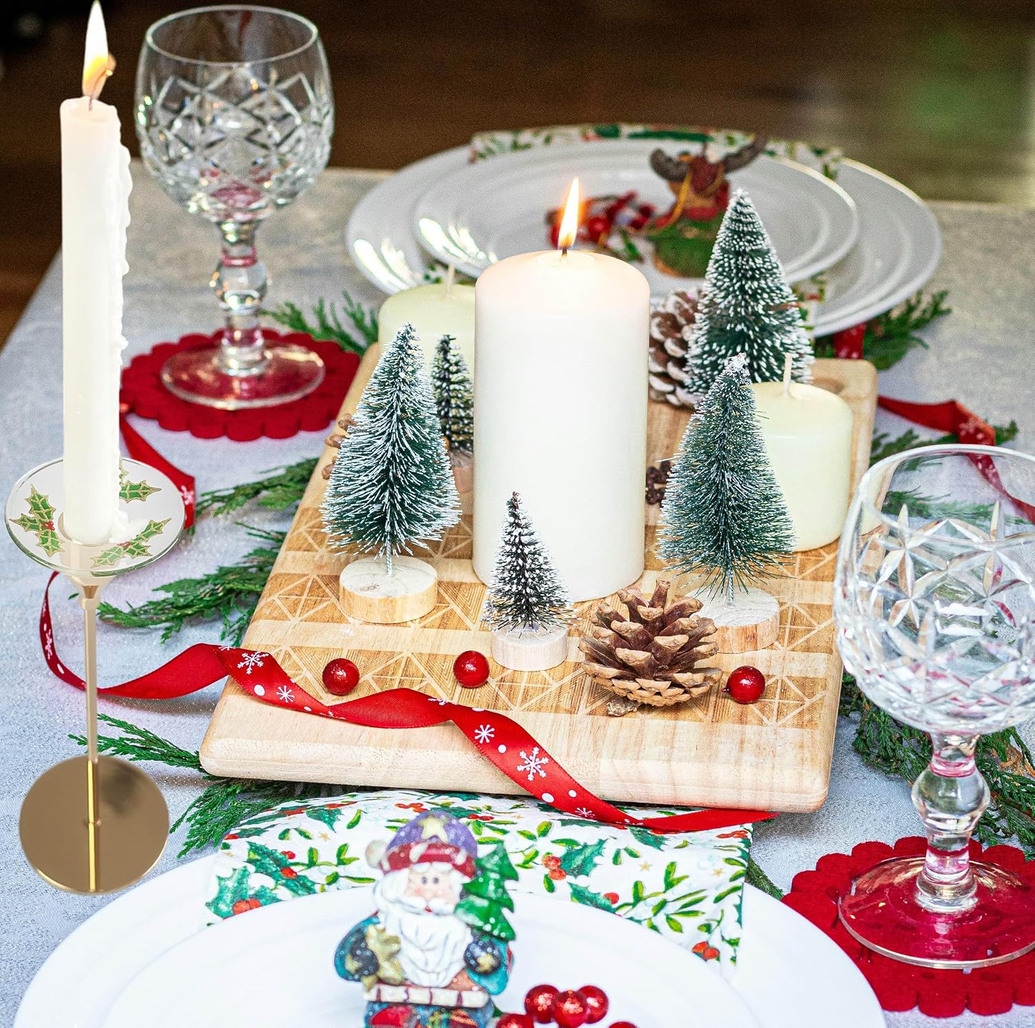 4 Pieces Patterned Glass Bobeches for Candlestick Holder, Christmas Holly Design, Candle Drip Protector Guard, Wax Catcher Ring Accessories (Christmas Holly)
