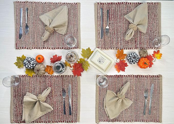 Chardin Home Natural Jute & Red Placemats, Set of 4 – Rustic Handmade Boho Table Mats, 13x19 Inch Dining Table Placemats for Kitchen, Everyday Meals, Holidays, Farmhouse or Modern Table Décor