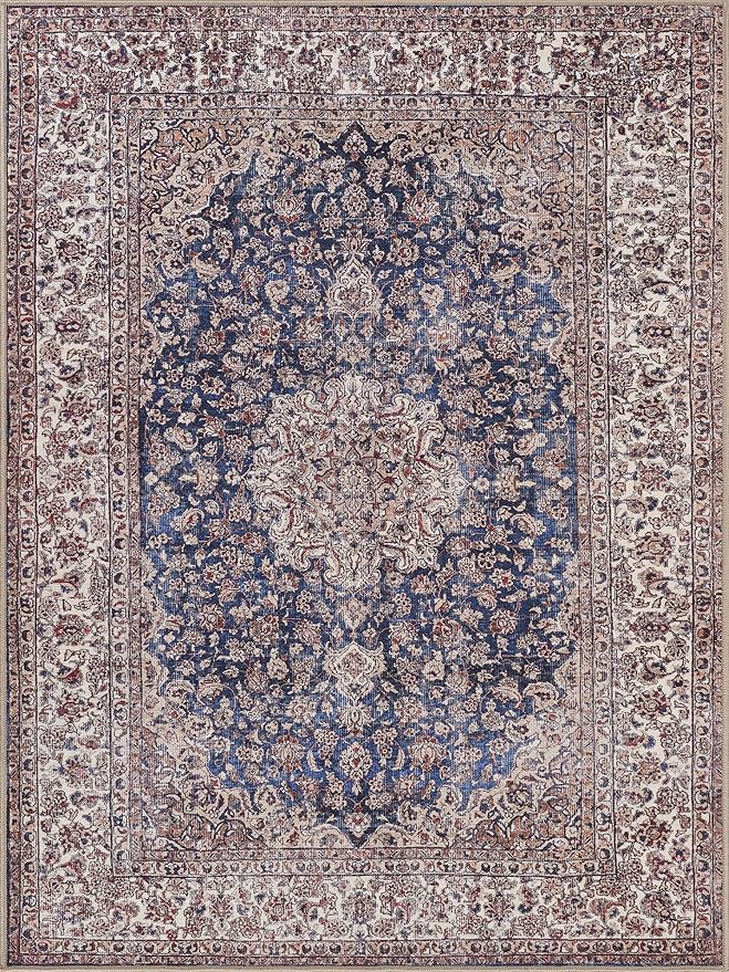 Bloom Rugs Washable Non-Slip 4' x 6' Rug - Dark Blue/Beige Traditional Medallion Area Rug for Living Room, Bedroom, Dining Room, and Kitchen - Exact Size: 4' x 6'