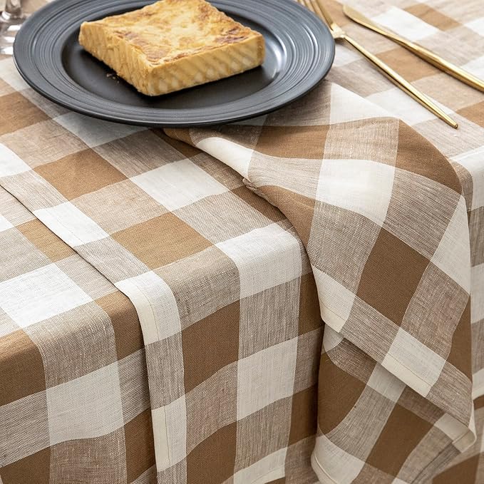 EVERLY 100% Yarn-Dyed Linen Rectangle Tablecloths 60x108Inches for Dining,Buffet Parties,Picnic,Events and Restaurants,Decorative Halloween,Thanksgiving Machine Washable Tablecloths-Brown Plaid