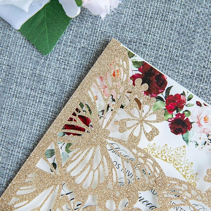 20 PCS 5.12x7.2 Butterfly Quinceanera Invitation, Laser Cut Wedding Invitation Cards with Envelopes for XV Anos Bridal Shower Baby Shower Invite (Light Gold)
