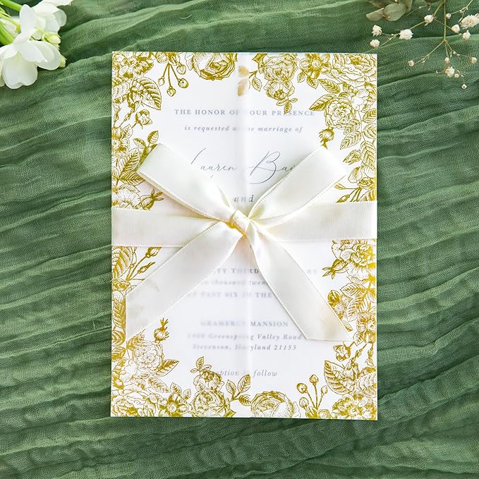 PONATIA 50 PCS Vellum Jackets for 5x7 Wedding Invitation Cards- 135gsm Floral Printed Vellum Sleeves, Invitation Cards Wraps (Champagne Gold Foil)