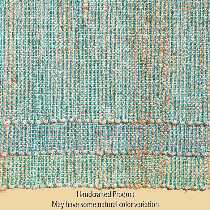 Chardin home Natural Jute Table Runner 13x36 Inch – Vintage Boho Rustic Table Decor – Handwoven Table Runner in Natural Jute and Aqua Turquoise – Farmhouse Dining or Console Table Accent