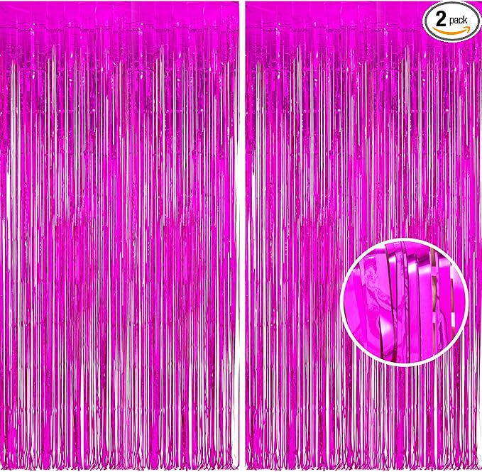 Foil Fringe Curtain Party Decorations - Hot Pink Photo Backdrop Tinsel Steamers Curtains for Tropical Hawaiian Theme Birthdays Christmas Valentine Bachelorette Parties