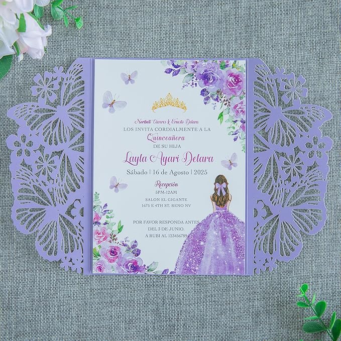 20 PCS 5.12x7.2 Butterfly Quinceanera Invitation Cards, Laser Cut Wedding 5x7 Invitation Cards with Envelopes for XV Anos Bridal Shower Baby Shower Invite (Violet)