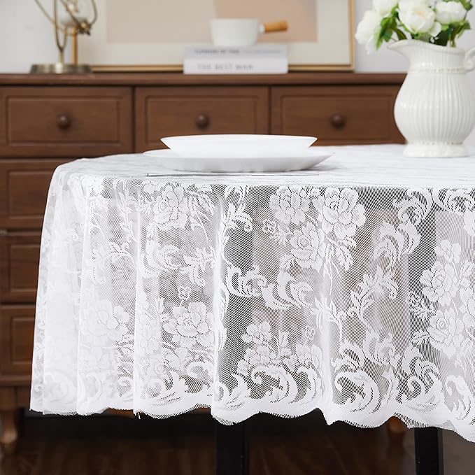 LinenZone Extra Large White Round Tablecloth for Rustic Vintage Decor. Sheer Lace Table Cloth Works Great As Wedding Tablecloth or Thanksgiving Table Cover. (Mia 132 Round, White)