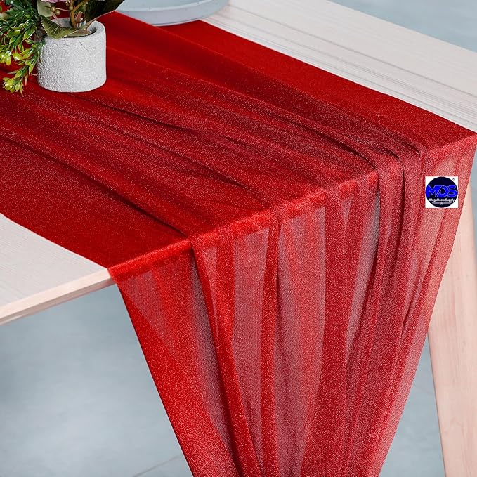 MDS 2 Pack 14ft Chiffon Table Runner 29 x 170 Inches Sheer Wedding Runner Romantic Rustic Table Runner for Wedding Decorations, Birthday Parties, Bridal Shower Party Arch Decor - Red