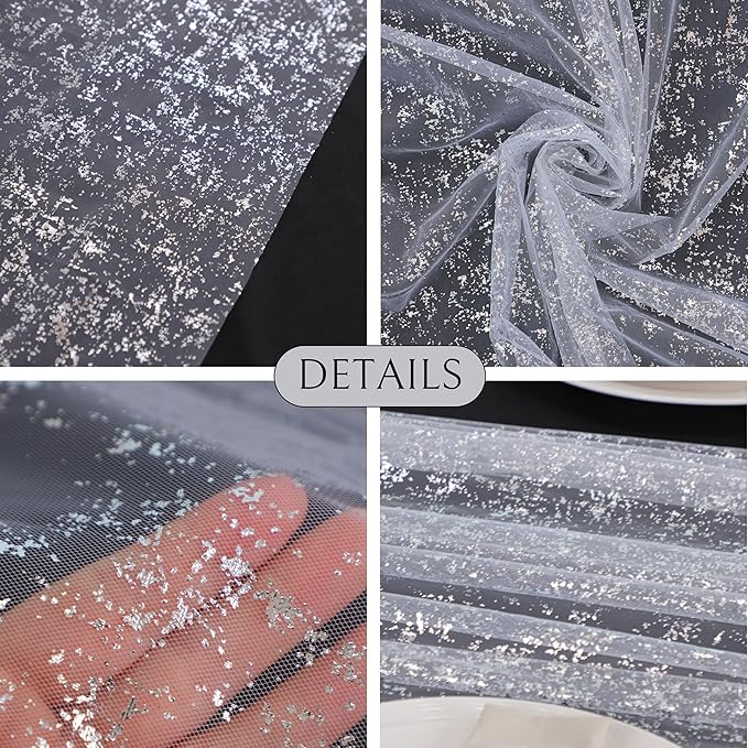 Snowkingdom 6 Pcs 10 FT Silver White Cheesecloth Table Runner Sheer Chiffon Gauze Runner, Sequin Glitter Silver Table Decoration Centerpieces for Wedding Birthday Christmas Bridal Baby Shower