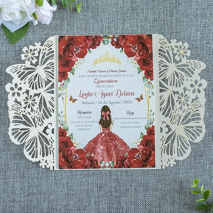 20 PCS 5.12x7.2 Butterfly Quinceanera Invitation, Laser Cut Wedding Invitation Cards with Envelopes for XV Anos Bridal Shower Baby Shower Invite (Gold Glitter)