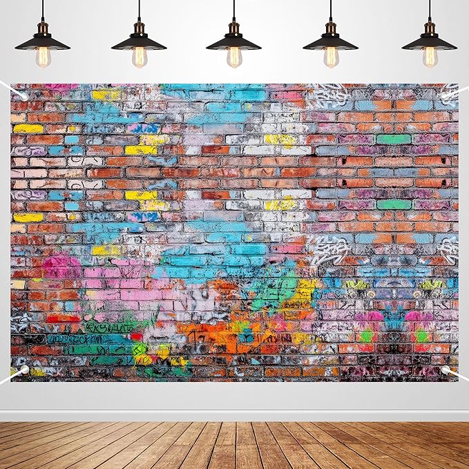 Colorful Graffiti Brick Wall Backdrop Banner - Abstract Street Art Photography Background for Hip Hop Party, 80s 90s Disco, Birthday Wedding Decor, Studio Props & Booth Supplies 98x65 Inch