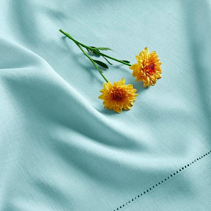 Solino Home Linen Aqua Blue Table Runner 48 Inches - Classic Hemstitch, 100% Pure Linen Coffee Table Runner 14 x 48 Inch Ideal for Dresser Tables