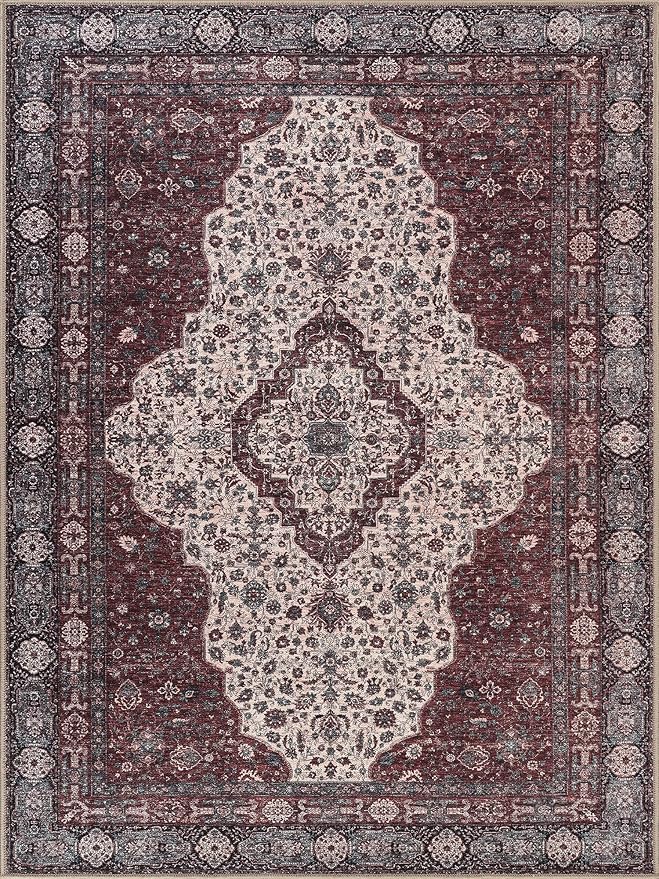 Bloom Rugs Washable Non-Slip 4' x 6' Rug - Red/Green/Cream Traditional Medallion Area Rug for Living Room, Bedroom, Dining Room, and Kitchen - Exact Size: 4' x 6'