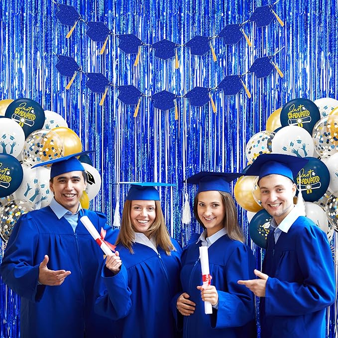 Foil Fringe Curtains Party Decorations - Melsan 3 Pack 3.2 x 8.2 ft Tinsel Curtain Party Photo Backdrop for Independence Day Decorations Birthday Party Baby Shower or Graduation Navy