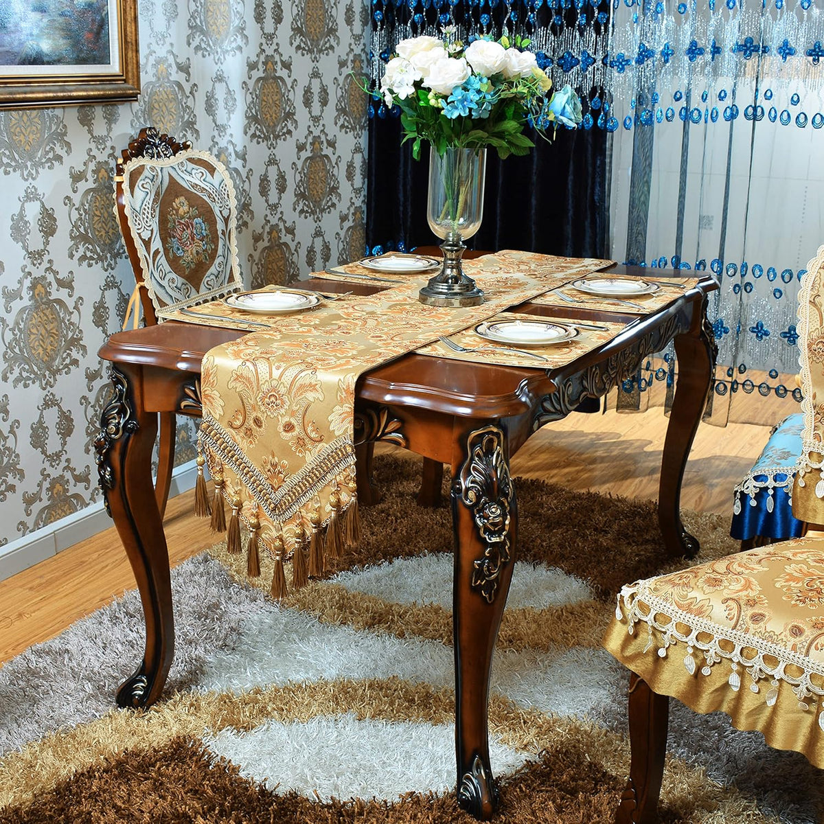 Luxury Velvet Gold Table Runner 90 Inches Long with Vintage Damask Jacquard D...
