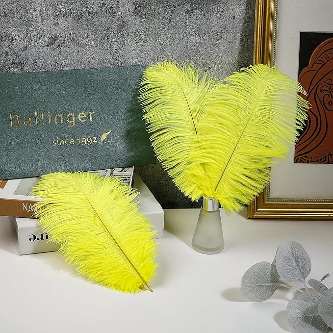 Ballinger Fluorescent Yellow Ostrich Feathers - 24Pcs 8-10inch Feathers Bulk for Vase, Party Centerpieces, Mardi Gras Decorations and Home Decor