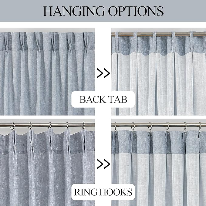 Vision Home Blue Pinch Pleated Semi Sheer Curtains Textured Light Filtering Window Curtains 120 inch for Living Room Bedroom Rayon Blend Chambray Blue Pinch Pleat Drapes with Hooks 2 Panels 40"Wx120"L