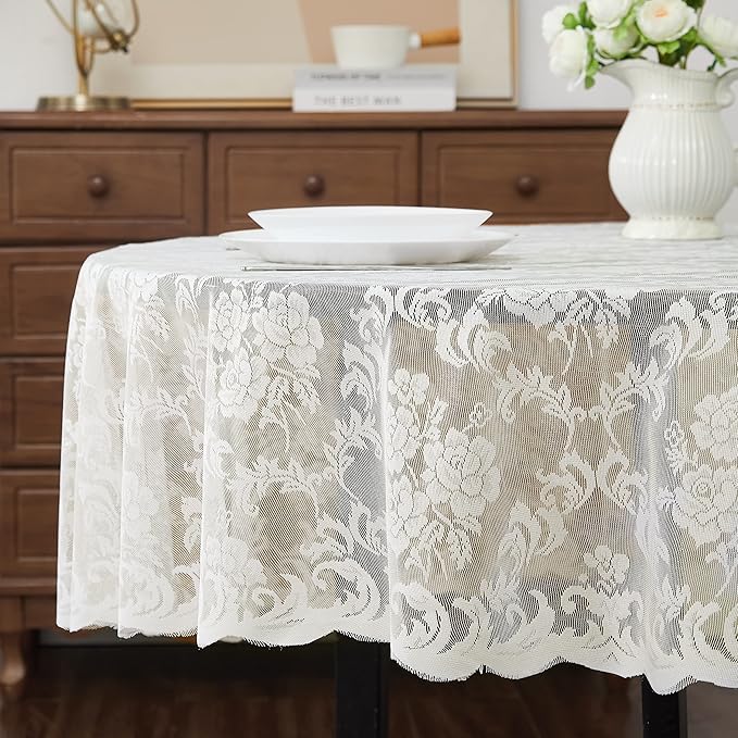 LinenZone Extra Large Ivory Round Tablecloth for Rustic Vintage Decor. Sheer Lace Table Cloth Works Great As Wedding Tablecloth or Thanksgiving Table Cover. (Mia 120 Round, Ivory)