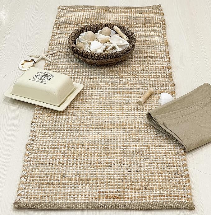 Chardin home Natural Jute Table Runner 13x36 Inch – Vintage Boho Rustic Table Decor – Handwoven Table Runner in Natural Jute and Ivory – Farmhouse Dining or Console Table Accent