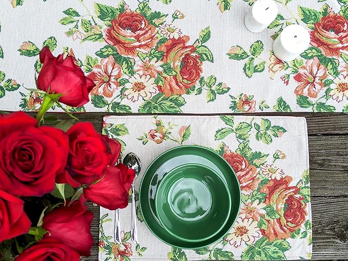 Tache Sweet Roses Spring Summer Flower Traditional French Country Vintage White Red Floral Decorative Woven Tapestry Long Kitchen Dining Table Runners, 13 x 90
