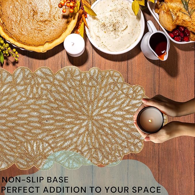 Metallic Bead Table Runner 13x36 Inches - Glass Beaded & Polyester Handcrafted Nautical Decor for Weddings, Christmas & Home Gatherings - Stain Resistant Dining Décor Accent (Gold) - CLEENTABLE