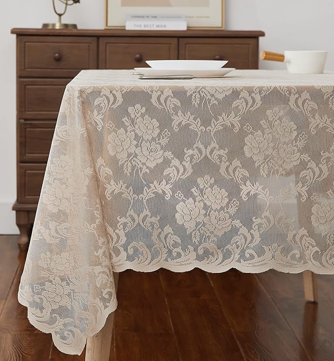 LinenZone Linen Rectangle Tablecloth for Rustic Vintage Decor. Sheer Lace Tablecloth Works Great As Wedding, Thanksgiving or Baby Shower Decor (Mia TC 54 x 72, Linen)