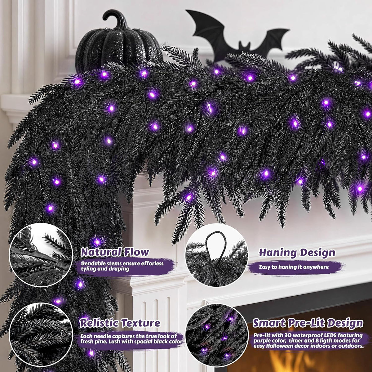doiown pre-lit 6ft black norfolk pine halloween garland, side view