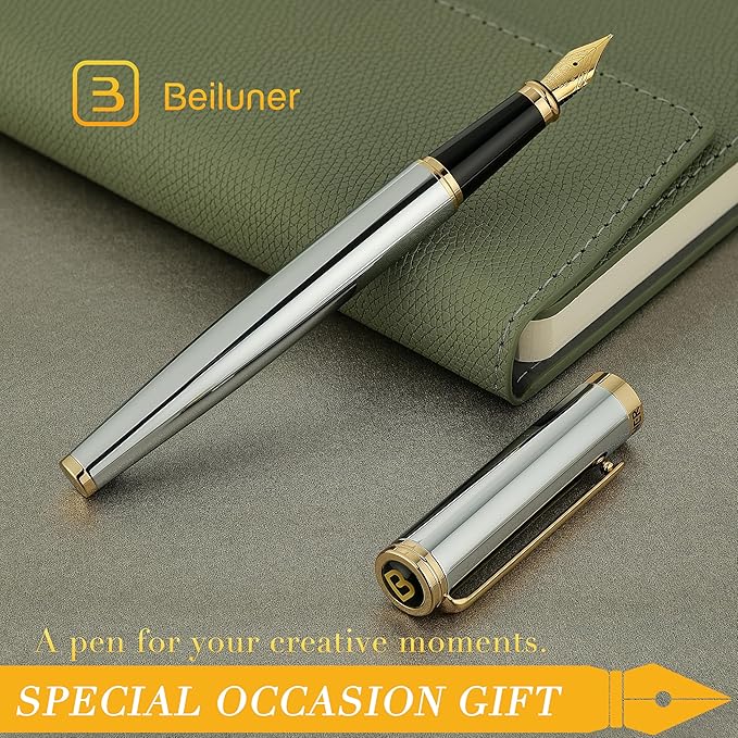 BEILUNER Silver Chrome Fountain Pen,Stunning Luxury with 24K Gold Accents, Gorgeous 24K Gilded Nib(Medium), Fancy Pen Gift for Men&Women -Ink Converter-Elegant, Office,Nice Pen for Writing